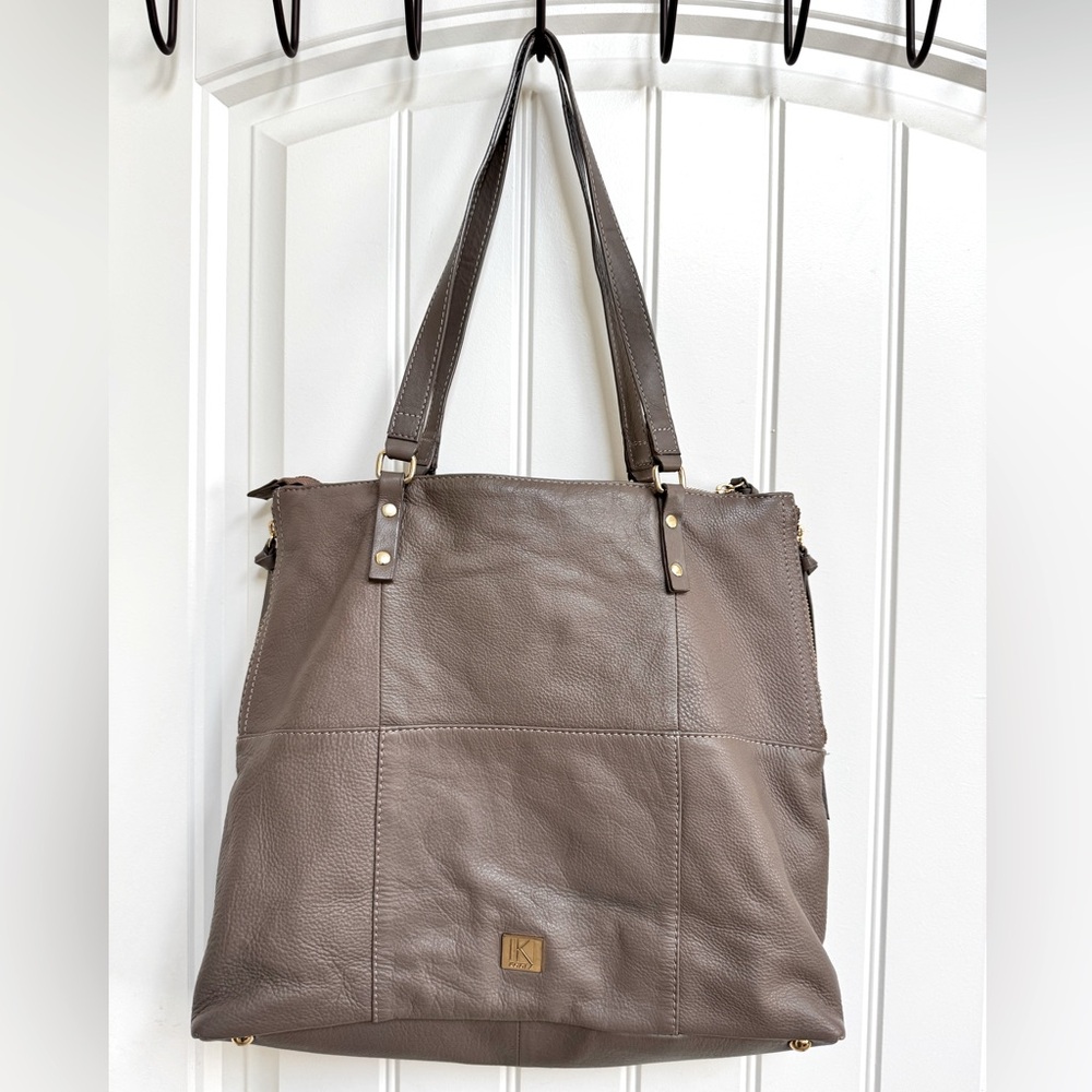 Kooba Everette Taupe Soft Leather Tote Handbag w Front Pocket. 16” by 13” by 3”